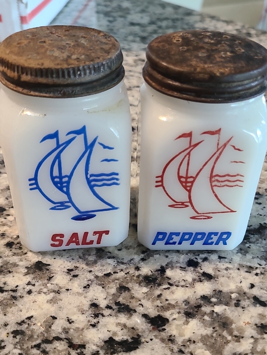 Vintage Other - Vintage Sailboat Salt & Pepper Shakers - White with Red & Blue Graphics